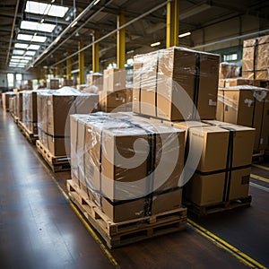 Boxes and cardboard in storage warehouses for export and import expeditions