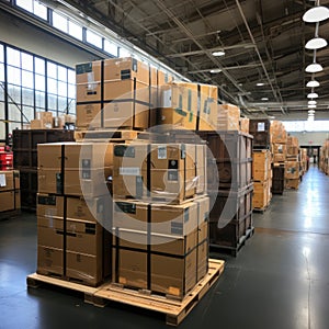 Boxes and cardboard in storage warehouses for export and import expeditions