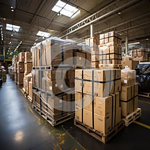 Boxes and cardboard in storage warehouses for export and import expeditions