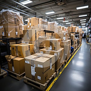 Boxes and cardboard in storage warehouses for export and import expeditions