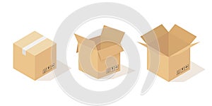 Boxes carton. Opened and closed cardboard box, beige delivery packaging angle view. Cardboard square pack cargo
