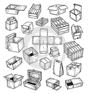boxes collection, doodles set. vector illustration