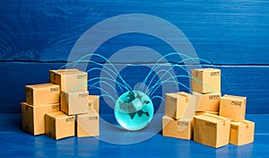 Boxes connected with the planet. Concept of delivering goods and products around the world. International transportation of goods