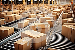 Boxes on conveyor belt in warehouse. Shallow depth of field, Top view of boxes on conveyor belt, AI Generated