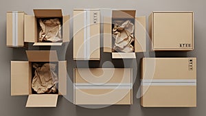 Boxes on a flat surface arranged in a grid pattern. Some are