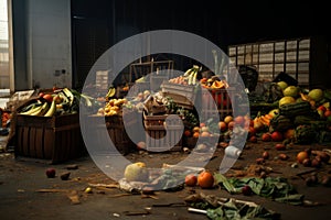 Boxes of fruits and vegetables in the backyard of the store