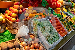 Boxes of fruits and vegetables in the market