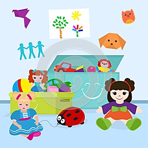 Boxes full of toys for girl vector illustration. Childrens toys for babies cute dolls, clown, ball, cars, ladybug. Kids