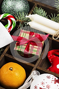 Boxes with gifts for Christmas and various attributes of holiday