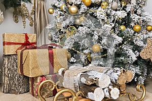 Boxes with gifts under the Christmas tree