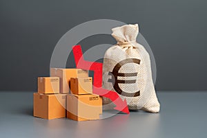 Boxes with goods and a red arrow up next to a euro money bag. Trade shortage.