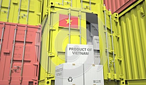 Boxes with goods from Vietnam and cargo containers. National economy related conceptual 3D rendering