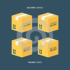 Boxes icons set. Packed boxes. Delivery service. Carton package box icons.
