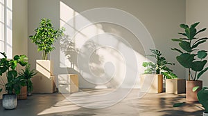 Boxes with indoor plants in an empty room