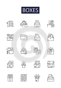 Boxes line vector icons and signs. Cartons, Containers, Crates, Cases, Packets, Pouches, Compartments, Cellophane