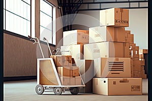 Boxes with loading trolley in warehouse for retailers