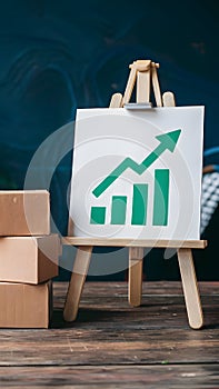 Boxes near easel with positive growth graphic, representing economic recovery