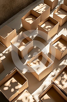 The boxes are open, ready for packing, in the sunlight