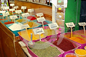 Boxes oriental spices herbs, market Jerusalem, Israel