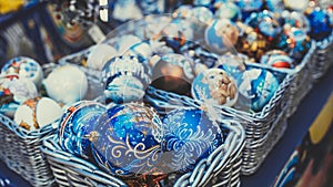 Boxes with ornamental Christmas baubles. Set of wicker boxes with various traditional Christmas balls placed on stall in