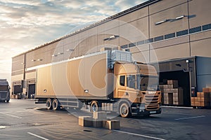 Boxes Packed and Loaded onto a Large Truck outside the Warehouse