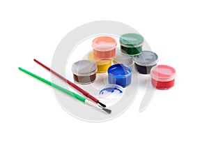 Boxes of paints and brushes