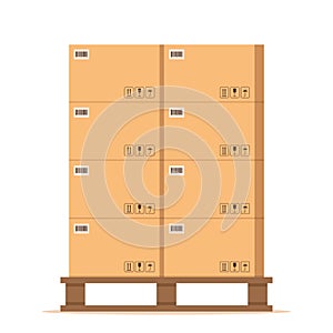 Boxes pallet. Beige cardboard closed box stack with fragile sign on wooden pallets, packaging cargo storage, industry shipment,