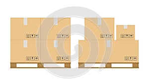 Boxes pallet. Cardboard box stack with fragile sign on wooden pallets, packaging cargo storage, industry shipment