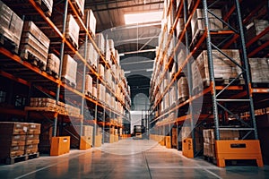 boxes placed on warehouse racks for a logistics . Generative Ai.