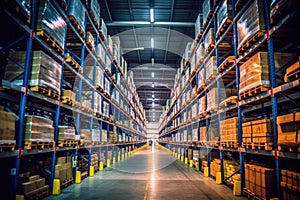 boxes placed on warehouse racks for a logistics . Generative Ai.