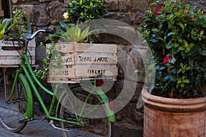 Boxes with plant on a green Italian Bicycle along the narrow streets of Florence, Italy