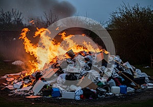 Boxes, plastic containers, and textiles. The scene is set against a