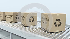 Boxes with PRODUCT OF POLAND text on roller conveyor. Polish import or export related 3D rendering
