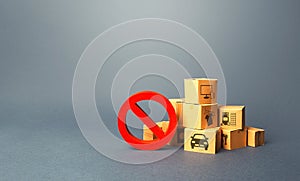 Boxes and red prohibition sign NO. Overproduction of goods, lack of demand. Sanctions and embargo. Shortage of products delivery. photo