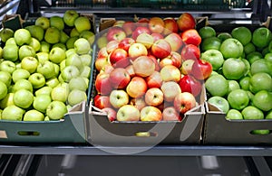 Boxes with ripe red and green apples on shelves