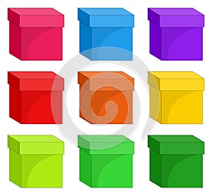 Boxes set. Collection of colorful closed warehouse cardboard box. Color image of package. Vector illustration of paper cubes