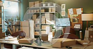 Boxes, storage and small business for product, sale and ecommerce for online shop and distribution. Stock, workshop and