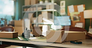Boxes, storage and small business for product, stock and ecommerce for online shop and distribution. Sale, workshop and