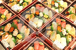 Boxes sushimi fish dishes market, Kyoto, Japan
