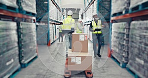 Boxes, trolley and warehouse person walking, transport product and moving package for logistics supply chain. Factory