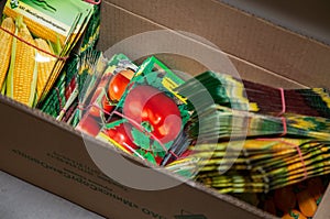 boxes of various vegetable seeds in the gardening department of a shop in Belarus Minsk January 27, 202. Preparation for spring