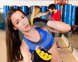 Boxing aerobox woman portrait in fitness gym