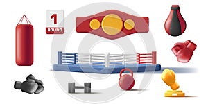 boxing attributes 3d icons of winner belt, ring and punching bags, isolated