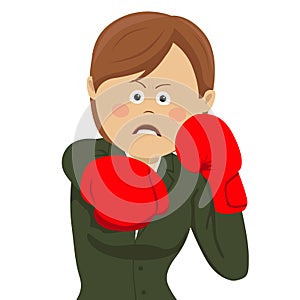 Boxing business woman punching wearing boxing gloves on white background