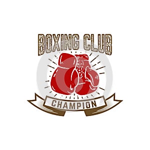 Boxing club. Emblem with boxing hand drawn boxing glove. Design element for logo, label, emblem, sign.