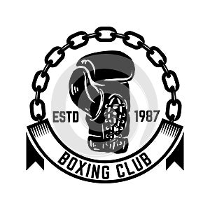 Boxing club. Emblem with boxing hand drawn boxing glove. Design element for logo, label, emblem, sign.