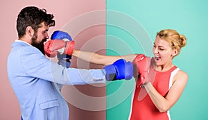 Boxing couple. Strength and power. family couple boxing gloves. bearded man hipster fighting with woman. problems in