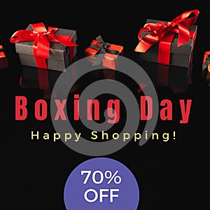 Boxing day, 70 percent off, happy shopping text over christmas presents on black background