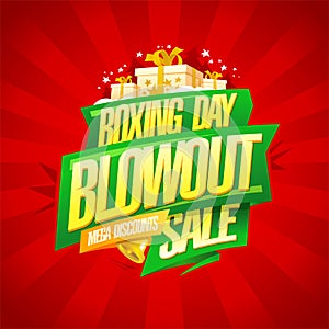 Boxing day blowout sale, mega discounts, vector banner template with green ridbbon and golden lettering