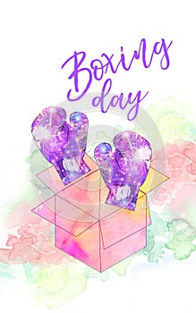 Boxing day concept background with watercolor open box and boxing gloves